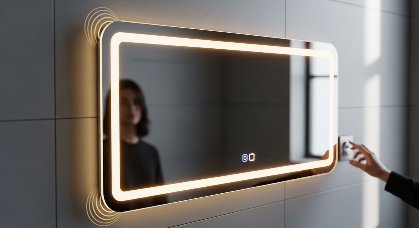 Modern LED bathroom mirror glowing softly on a tiled wall, with a person faintly reflected reaching for the switch, illustrating a buzzing mirror issue.