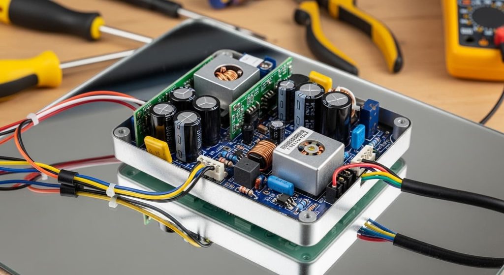 Close-up of an exposed LED driver unit on the back of a bathroom mirror, showing internal circuit boards and wires for DIY troubleshooting.