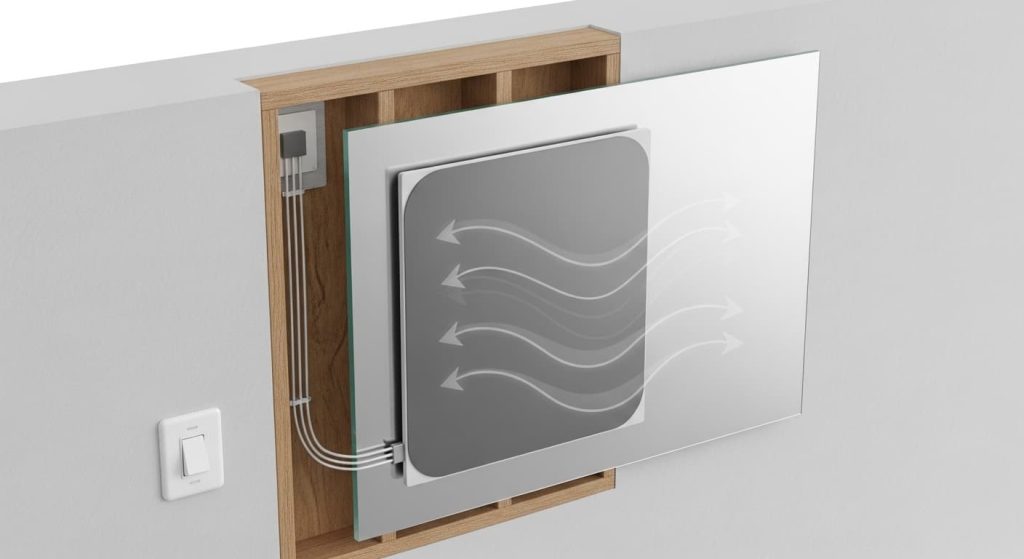 Illustration showing how anti-fog mirror heating pad works behind glass with electrical wiring