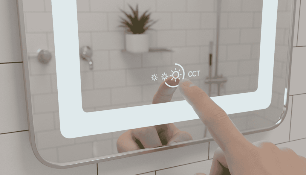 Close up of woman holding mirror with mismatched foundation due to wrong LED color temperature casting warm and cool shadows