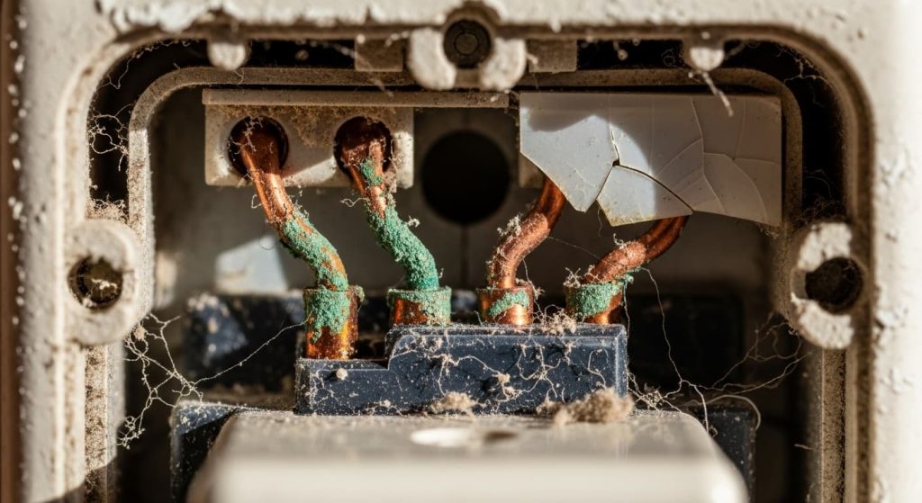 Close-up of corroded and worn internal contacts inside a broken anti-fog mirror switch
