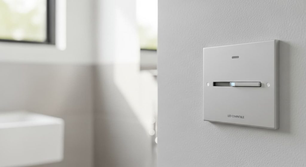 A modern LED compatible dimmer switch installed on a white bathroom wall, used to fix buzzing issues with LED mirrors.