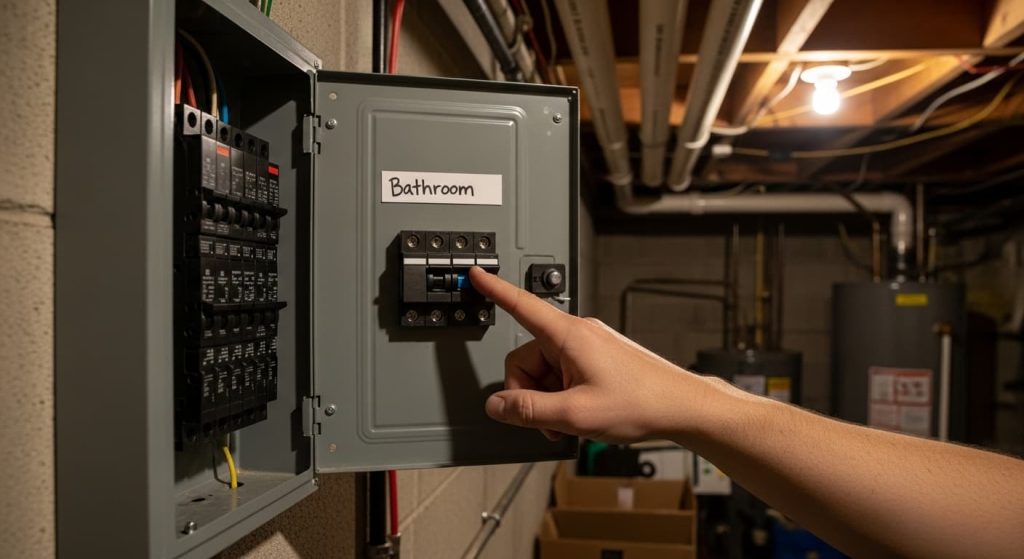 Hand resetting tripped bathroom breaker in electrical panel to fix anti-fog mirror power issue