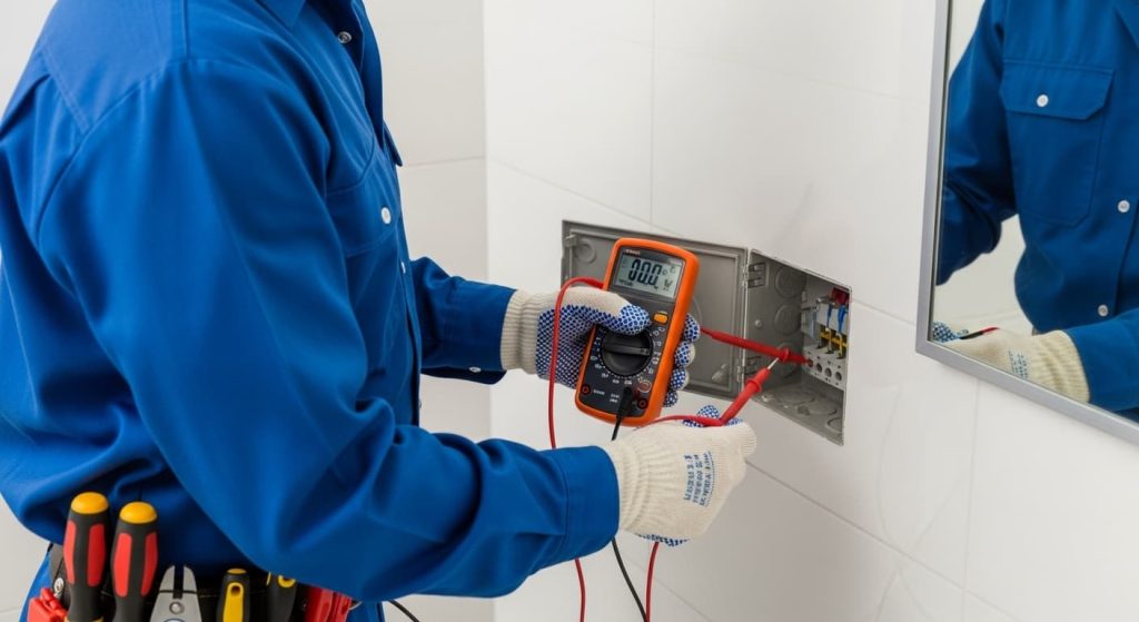A professional electrician using a digital multimeter to test electrical wiring for a buzzing LED mirror installation.