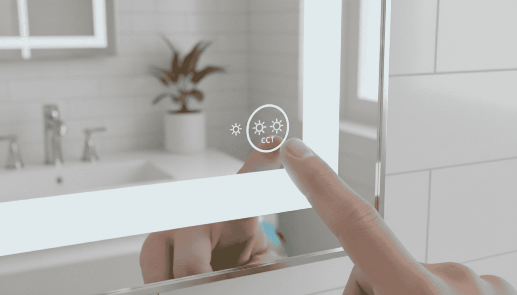 Finger pressing CCT adjustable color temperature button on a modern LED mirror to change lighting from warm to cool