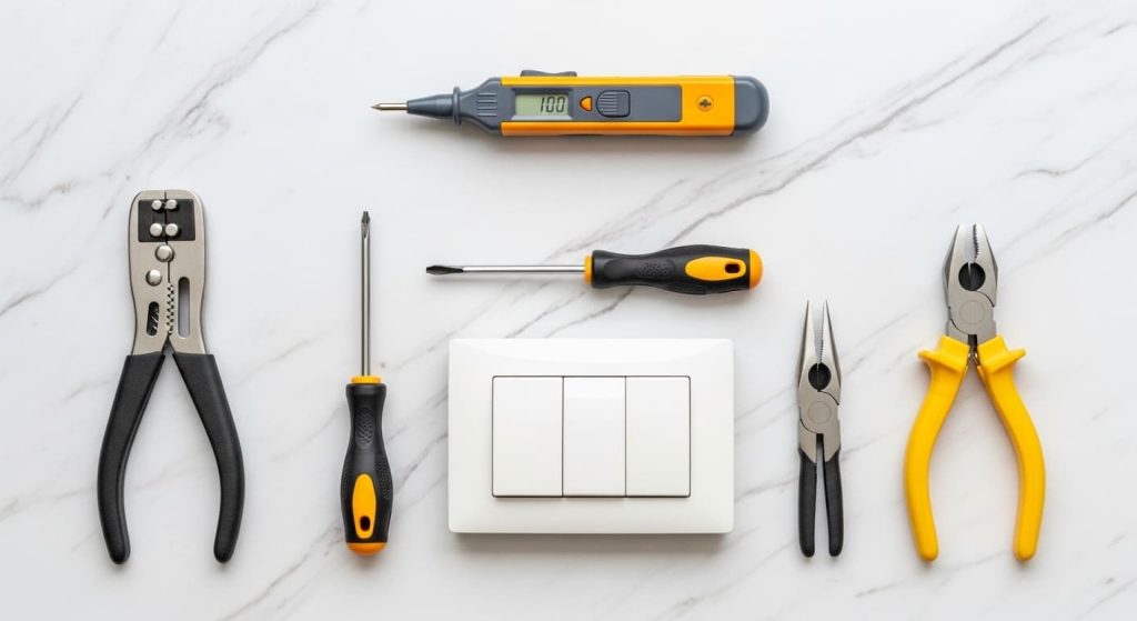 Essential DIY tools for fixing anti-fog mirror switch including voltage tester and screwdrivers