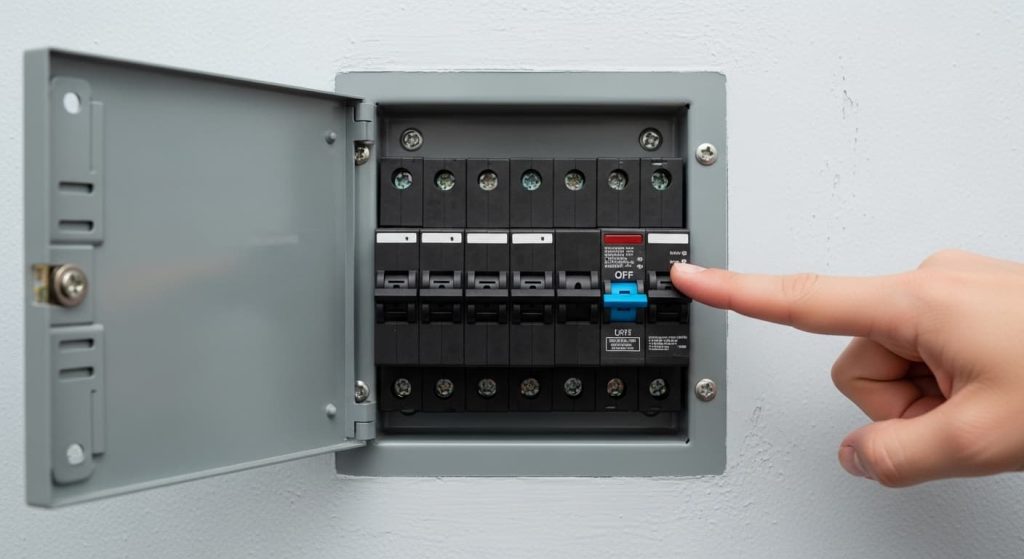Open residential circuit breaker panel with a finger pointing to a switched-off breaker, illustrating electrical circuit safety for bathroom lighting.