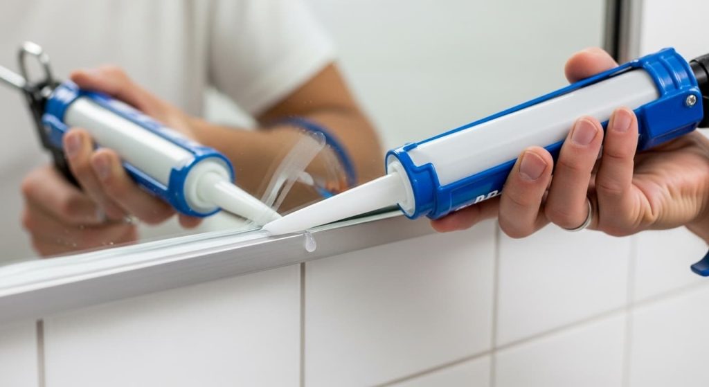 Applying clear silicone caulk around bathroom mirror edge to prevent moisture damage to anti-fog system