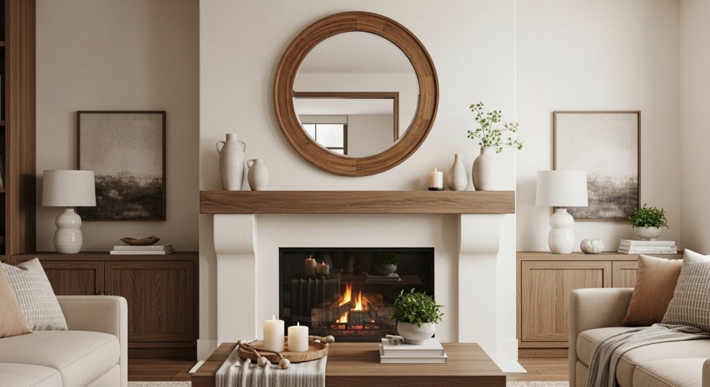 Above the Mantel: Large Round Wood Mirror