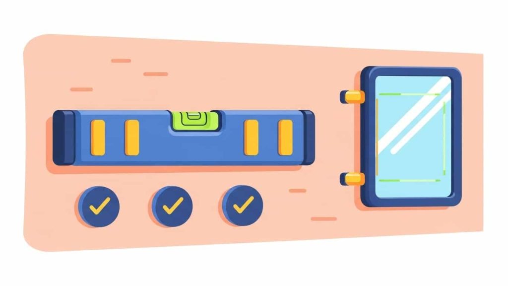 Flat cartoon graphic showing tools and techniques for achieving a professional mirror installation finish.