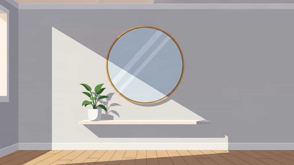 Flat cartoon of a securely hung mirror enhancing a stylish room.