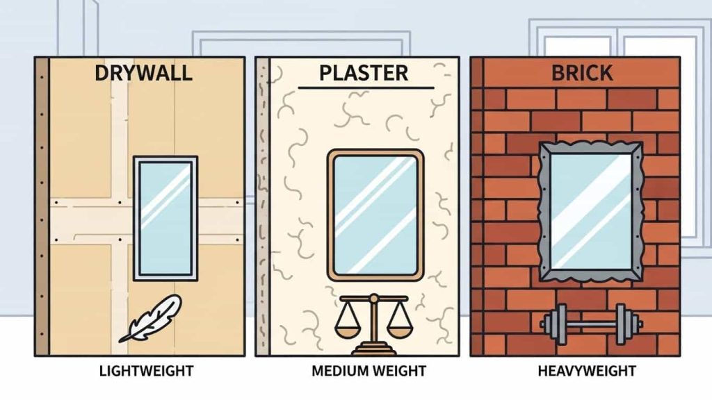 Flat cartoon illustrating wall types and mirror weight categories for choosing a safe mounting method.