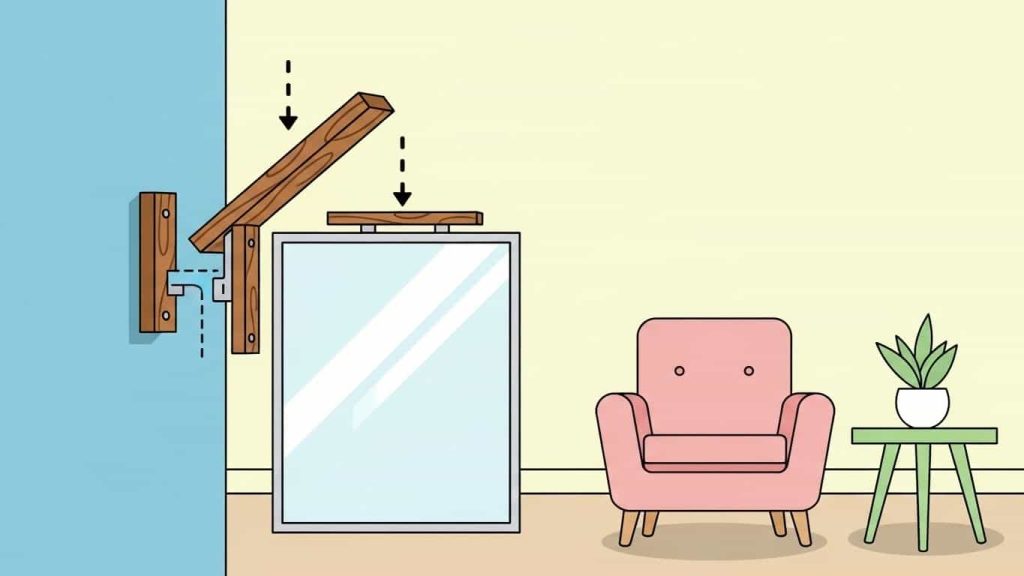 Flat cartoon diagram showing how a French cleat system supports a heavy mirror.