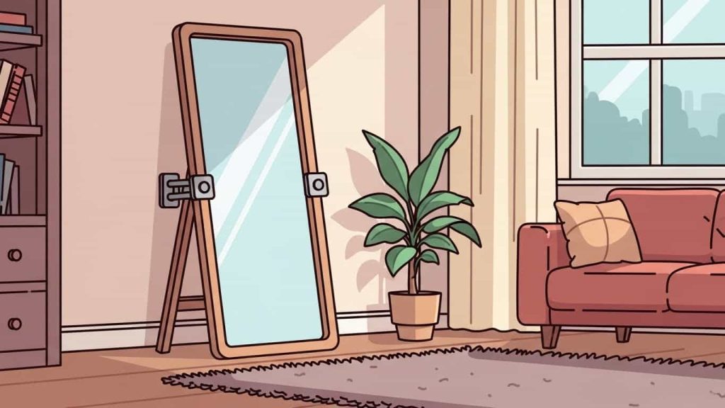 Flat cartoon illustration of a large leaning mirror secured safely with anti-tip brackets.