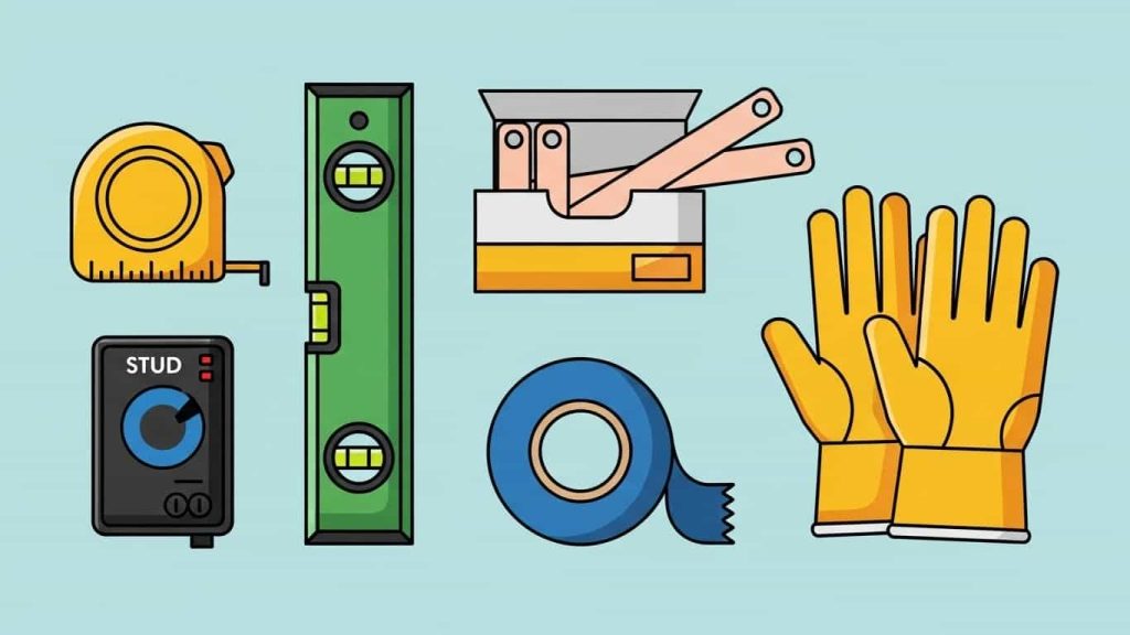 Flat cartoon layout of tools needed to hang a mirror, including level, tape, adhesive strips, and stud finder.