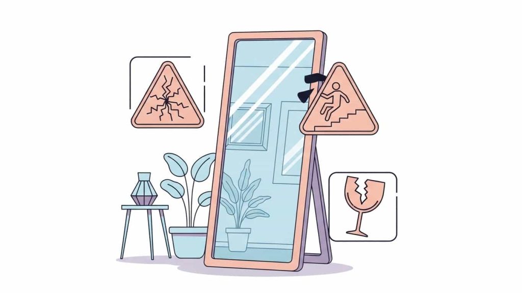 Flat cartoon graphic showing potential hazards of hanging a large mirror, including cracked drywall and falling mirror icons.