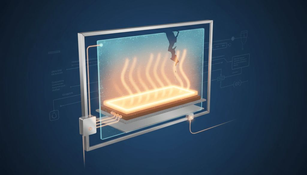Cross-section diagram of anti-fog mirror showing electric heating pad behind glass surface