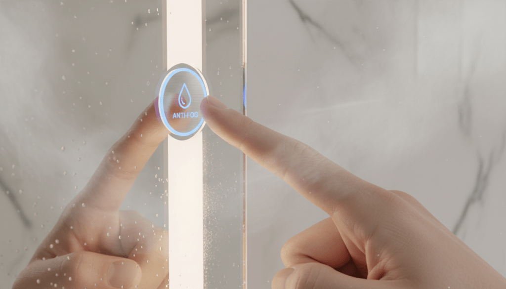 Person pressing illuminated anti-fog button on modern LED bathroom mirror