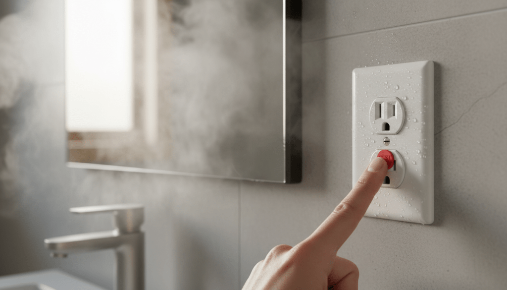 Finger pressing reset button on bathroom GFCI outlet to restore mirror power