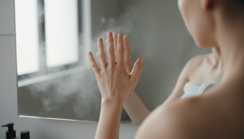 Person testing anti-fog mirror warmth by placing hand on glass after shower