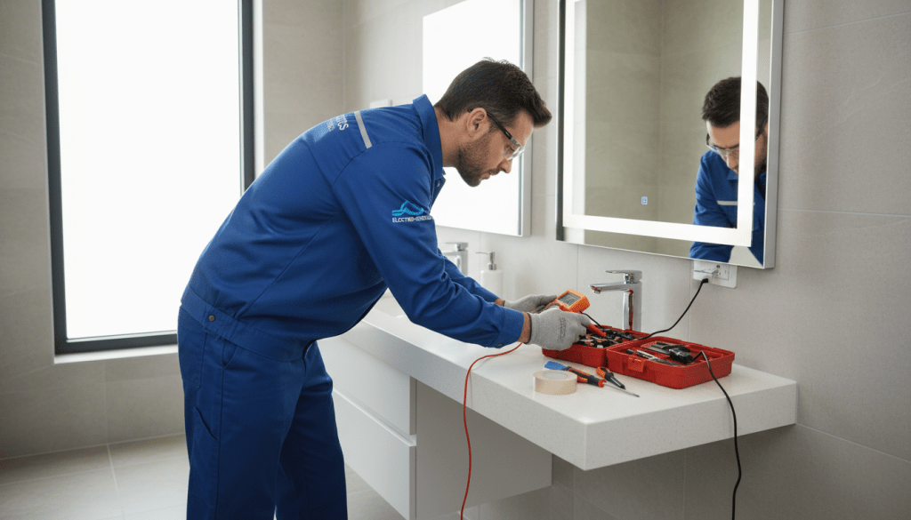 Professional electrician testing electrical connection on bathroom anti-fog mirror