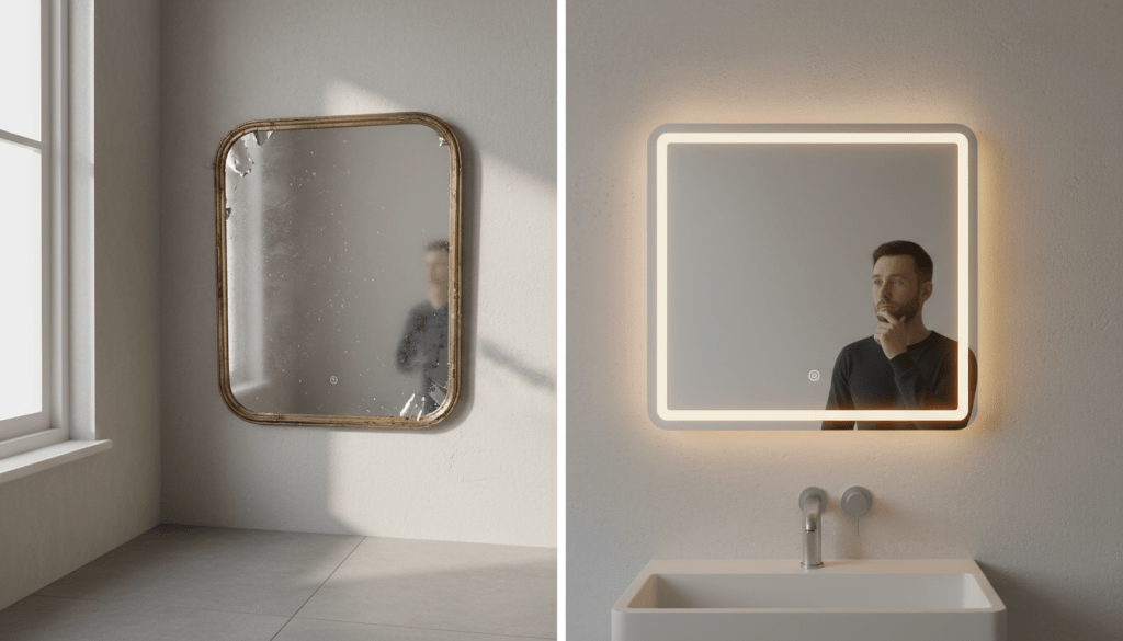 Comparison of old foggy mirror versus new clear anti-fog mirror replacement option