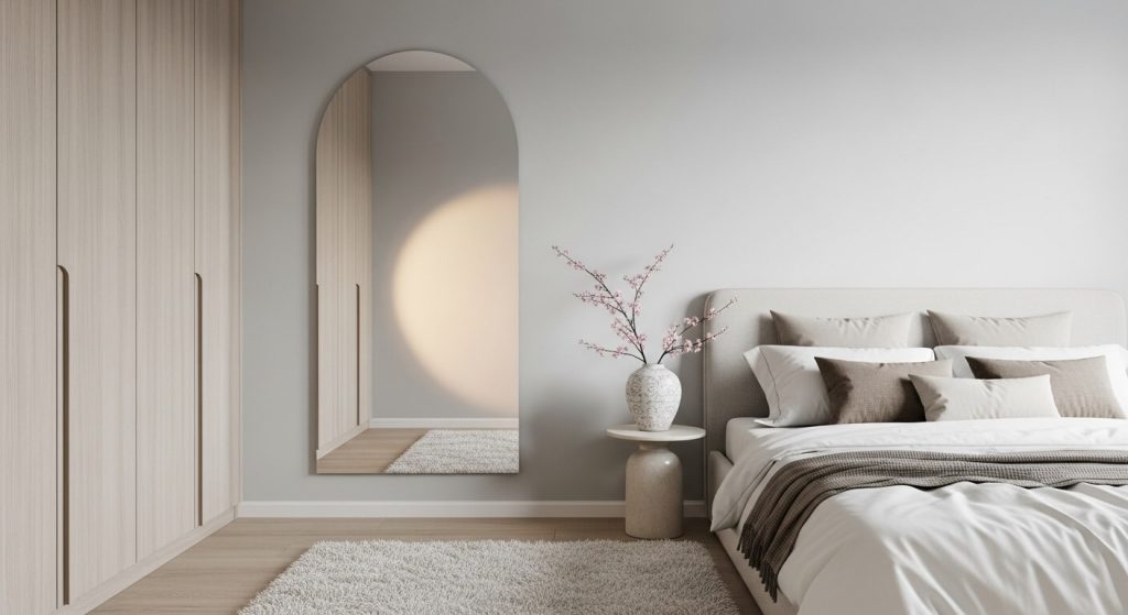 Bedroom Elegance with a Large Arched Wall Mirror