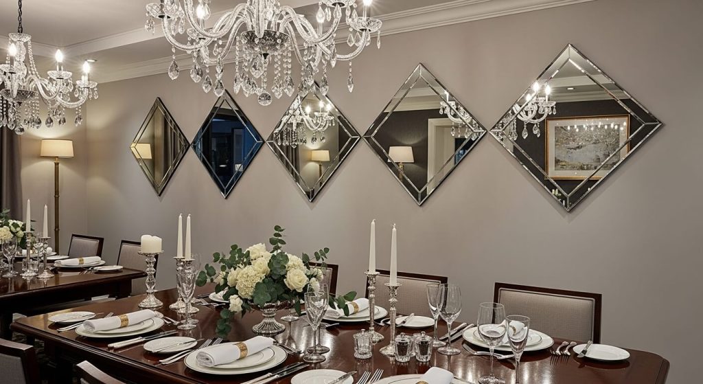 Dining Area Glamour with Diamond Mirrors Wall Decor