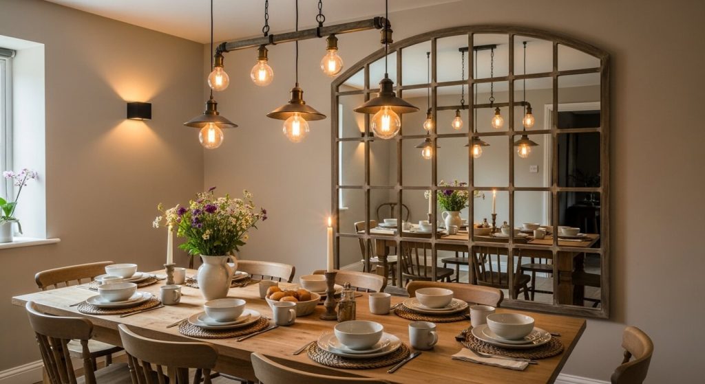 Dining Spaces Enhanced by a Large Arched Wall Mirror