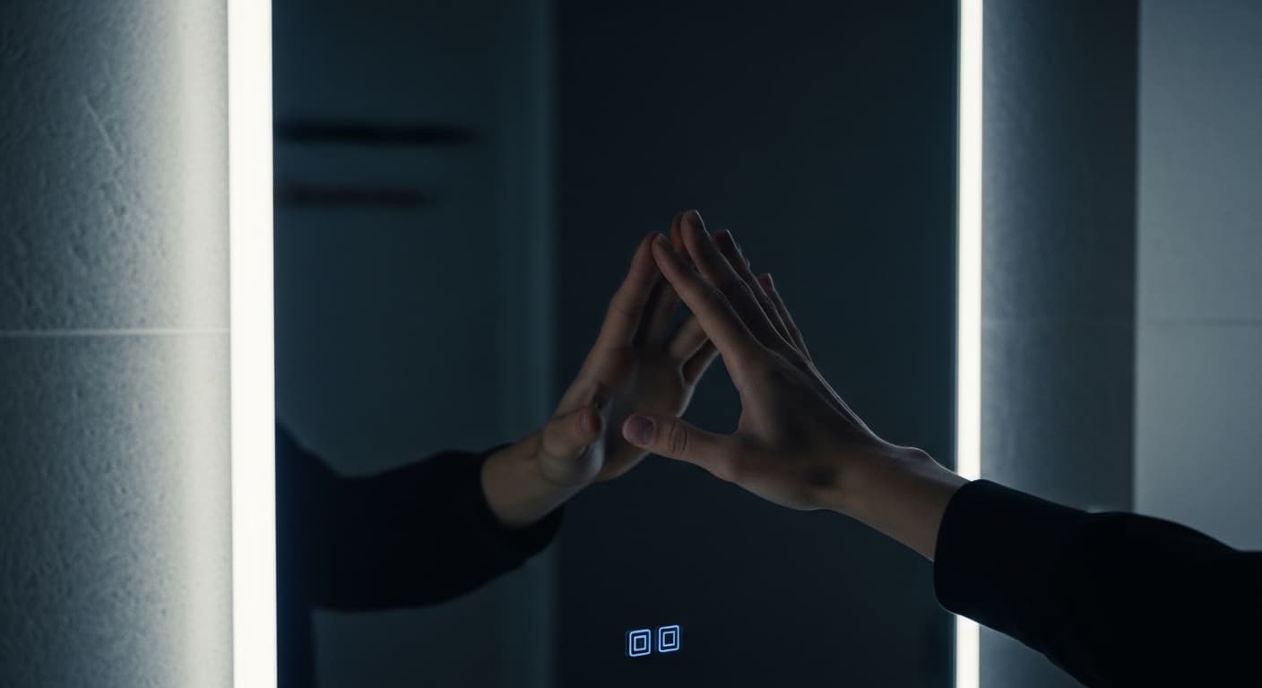 Person tapping a dark LED bathroom mirror that is not lighting up, troubleshooting guide concept