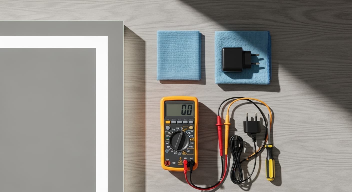 flat lay troubleshooting kit for LED mirror repair including multimeter screwdriver and microfiber cloth