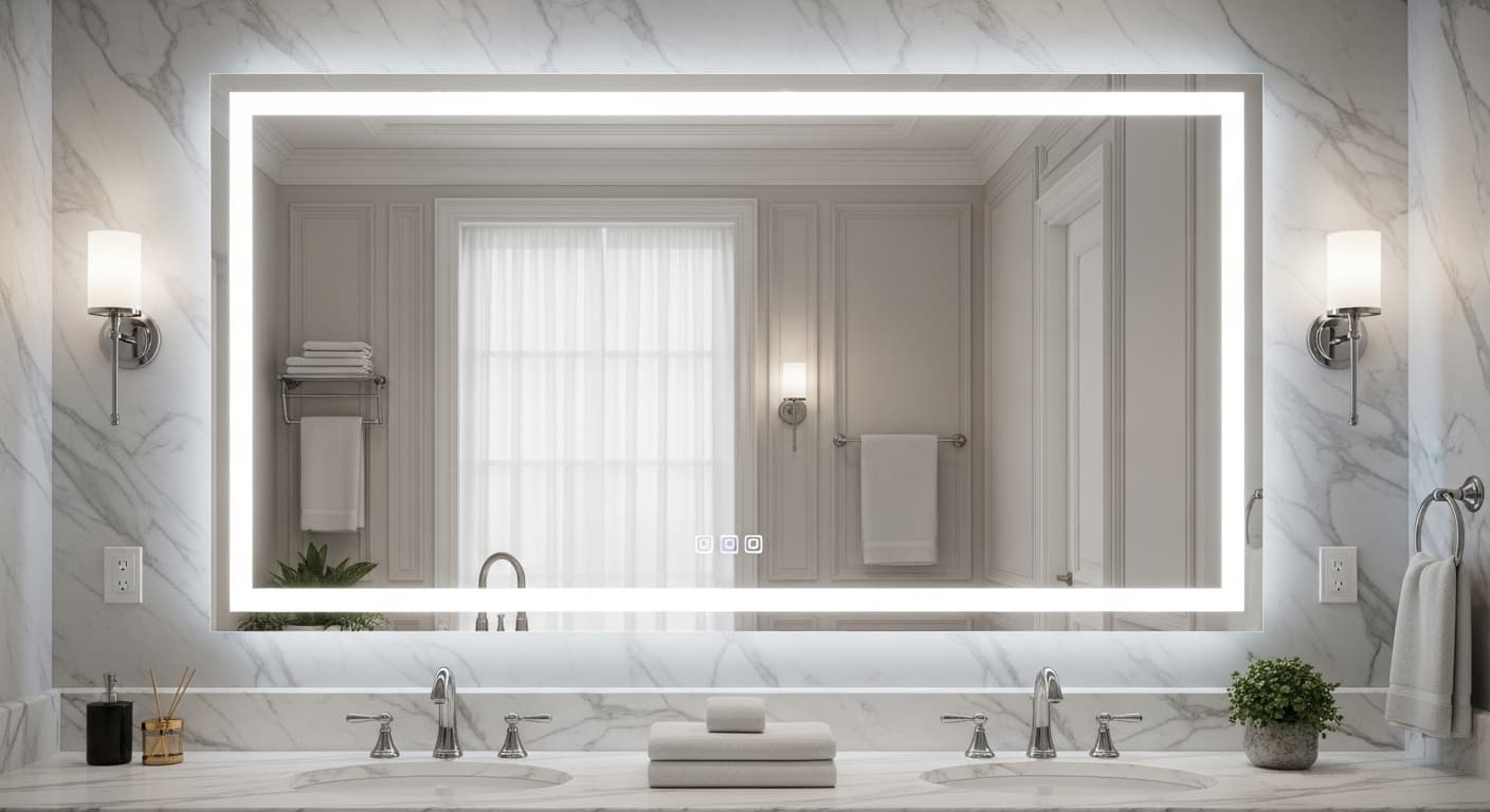 modern LED anti-fog bathroom mirror illuminated in luxury spa-like bathroom setting