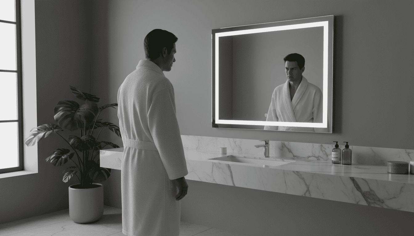 Frustrated person looking at a dim LED mirror in a modern bathroom, struggling with poor lighting for grooming