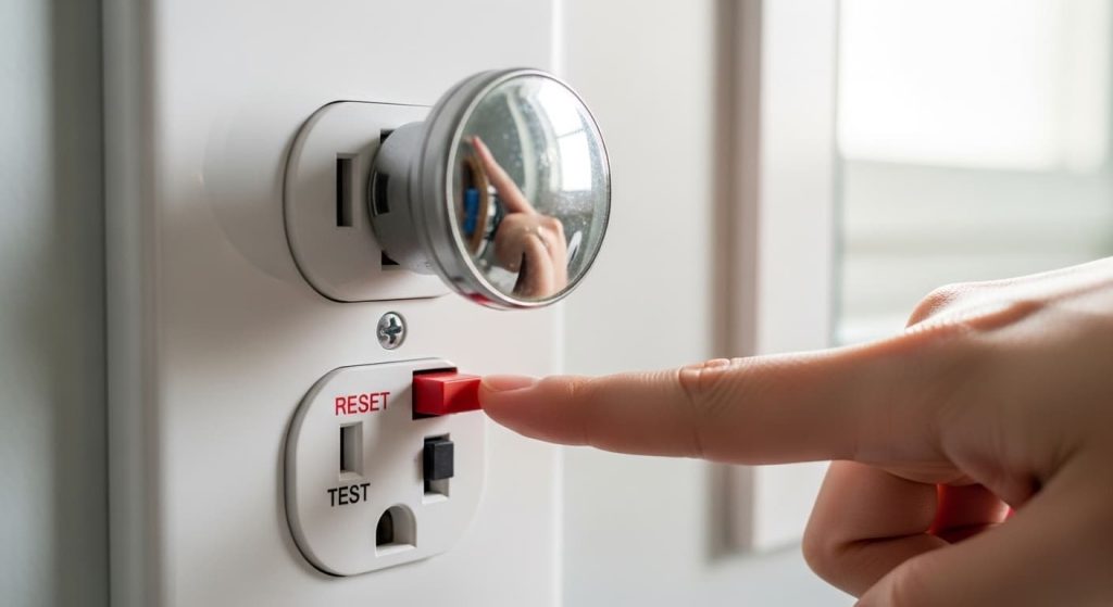 Close-up of a GFCI outlet with reset button in a bathroom, checking power for LED mirror