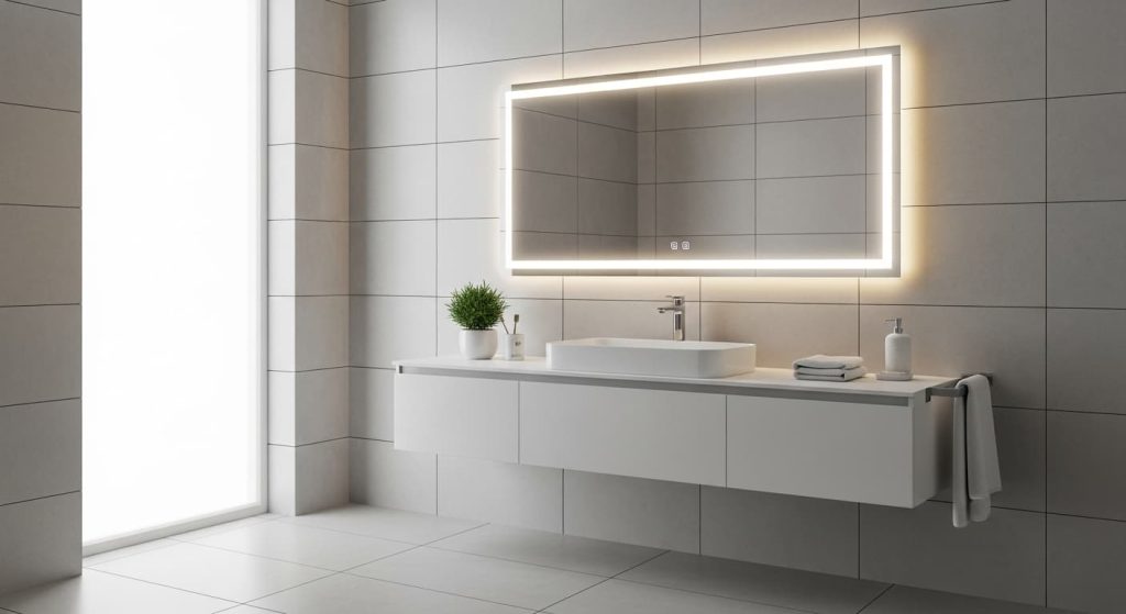 modern LED bathroom mirror illuminated above white vanity in contemporary bathroom

