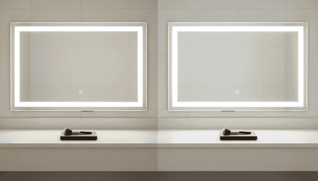 Side-by-side comparison showing a dim LED mirror with low lumen output versus a bright LED mirror with high lumen output for task lighting