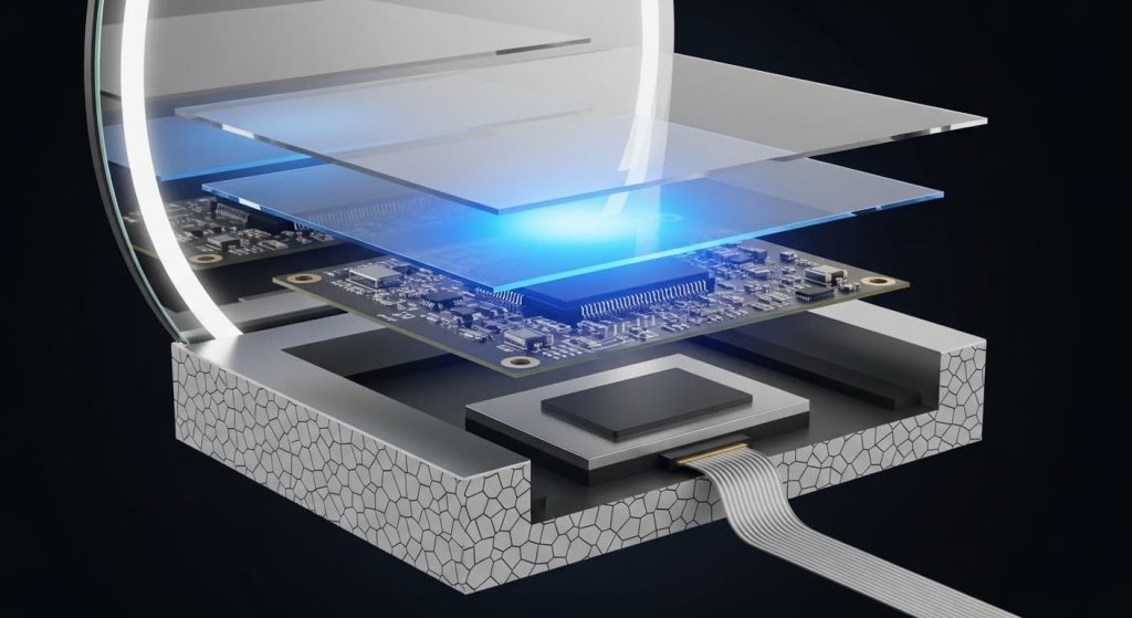 Cross-section diagram showing how capacitive touch sensor works inside LED mirror with circuit board and ribbon cable