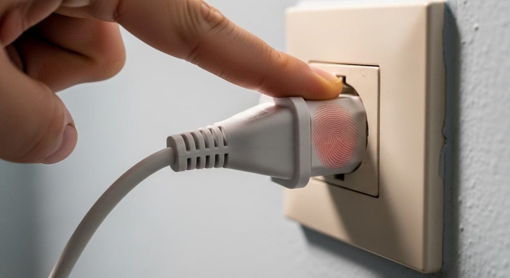 Person pushing a loose electrical plug securely into a wall outlet to fix LED mirror power issue