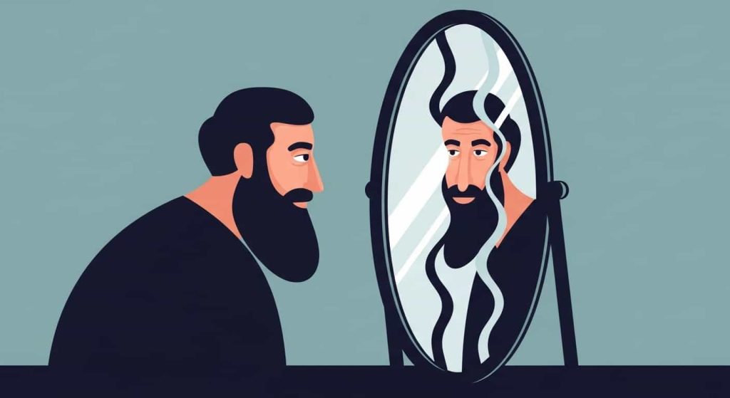 Cartoon of a philosopher looking into a mirror that shows both truth and illusion.