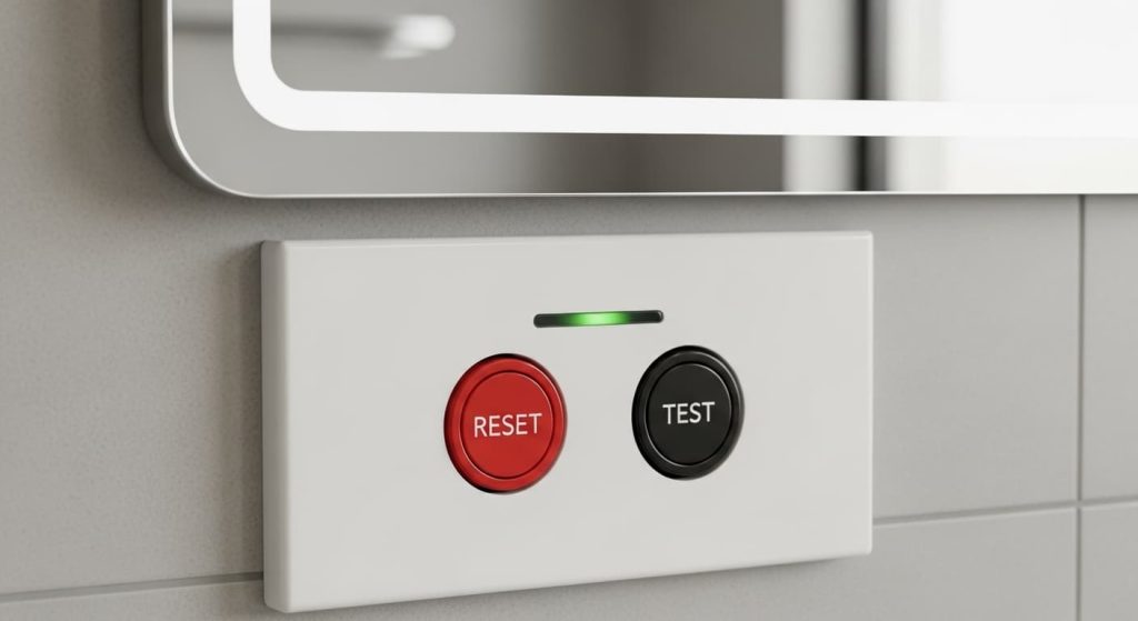 GFCI outlet in bathroom for electrical safety with test and reset buttons