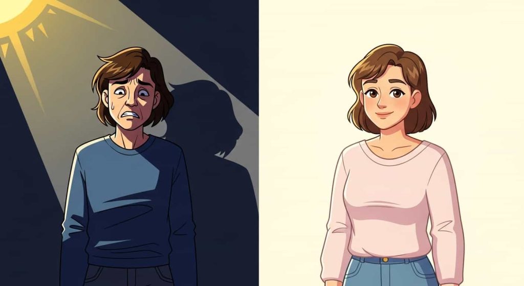 Cartoon comparing harsh lighting vs flattering lighting to explain why photos look different