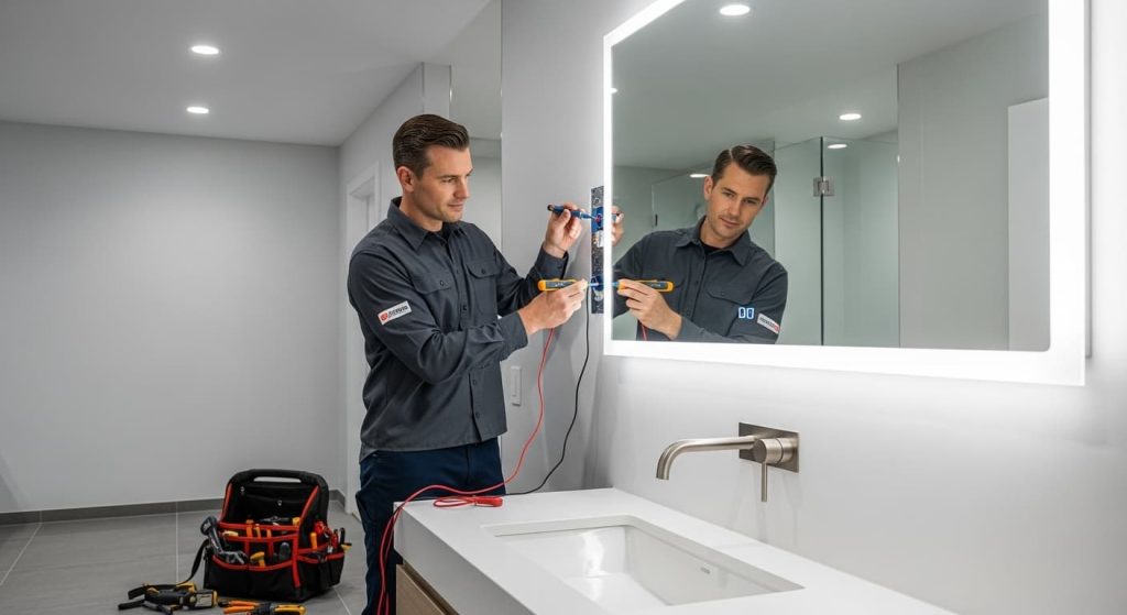 professional electrician inspecting bathroom mirror electrical connection