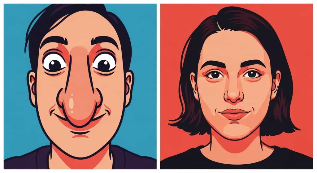 Cartoon comparing a distorted selfie with a natural portrait taken from a distance