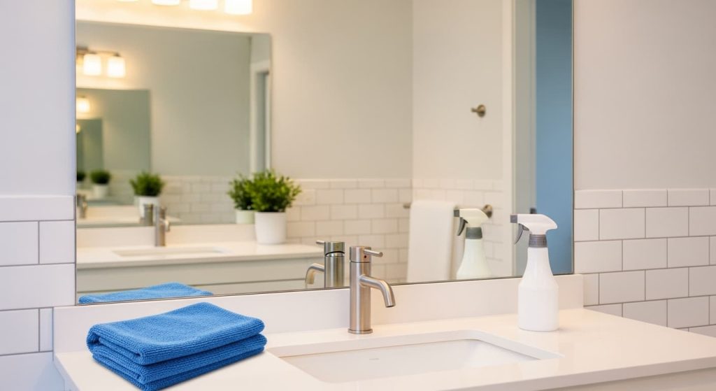 streak free clean bathroom mirror with microfiber cloth and spray bottle