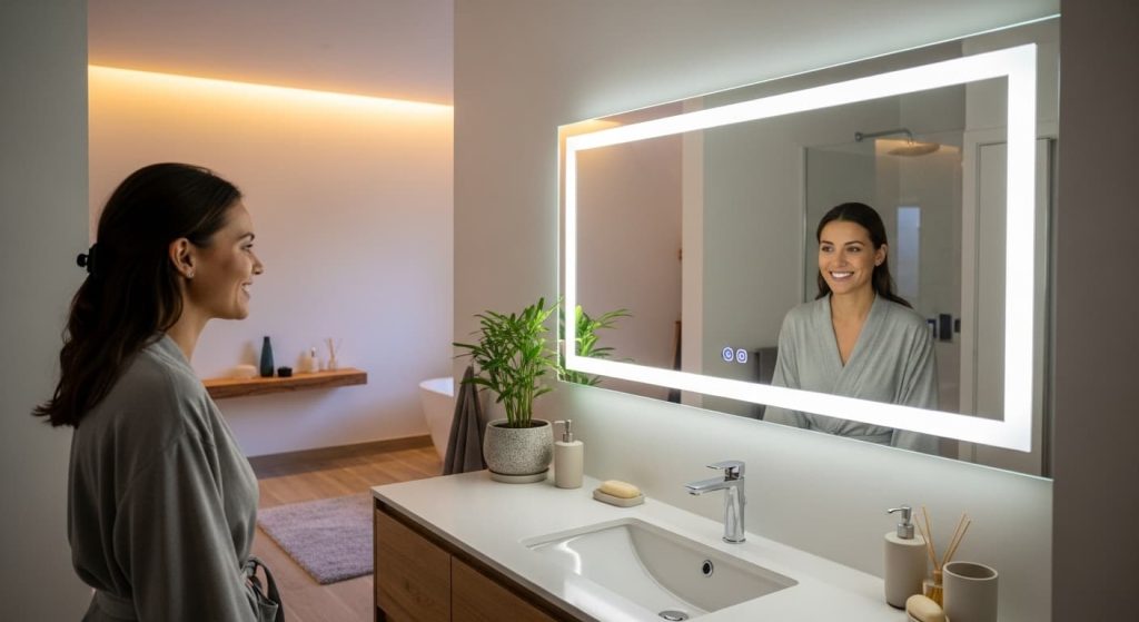 happy woman smiling at reflection in clean working LED bathroom mirror