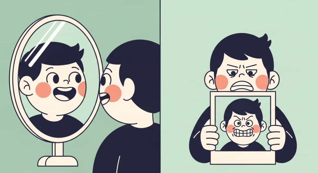 Cartoon showing preference for the familiar mirror image over an unfamiliar photo