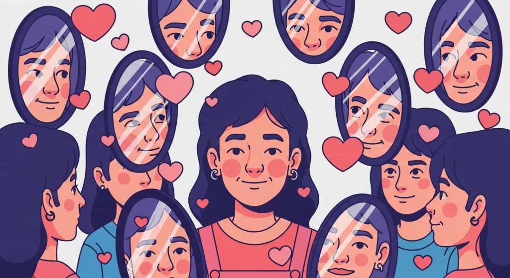 Cartoon showing how repeated exposure to the mirror image makes it feel more attractive