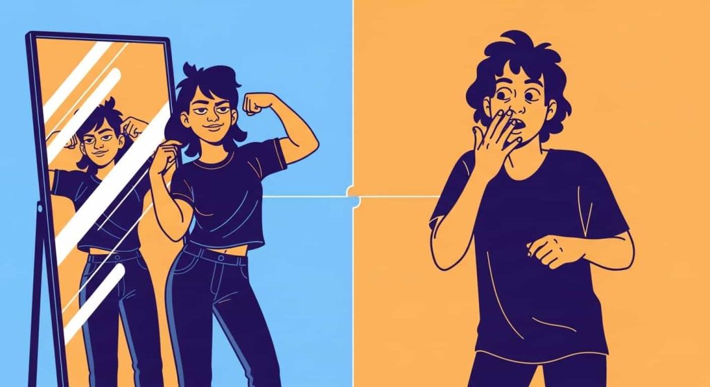 Cartoon comparing controlled mirror posing with an uncontrolled candid photo