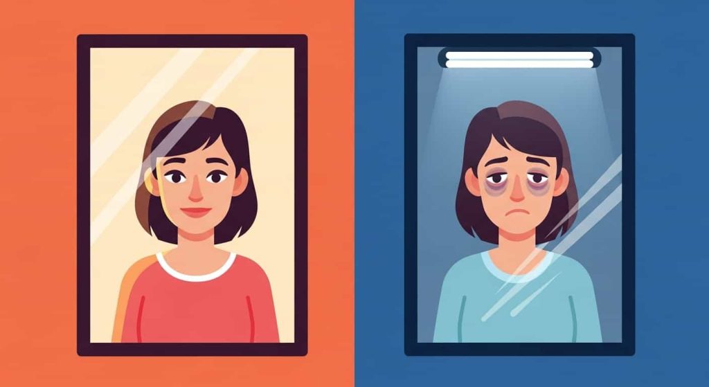 Cartoon comparing how lighting and mirror quality change how we see ourselves