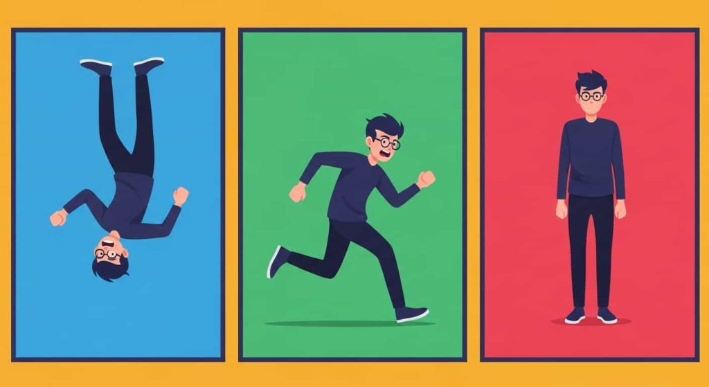 Cartoon comparing how we look in a mirror, in real life, and in photos